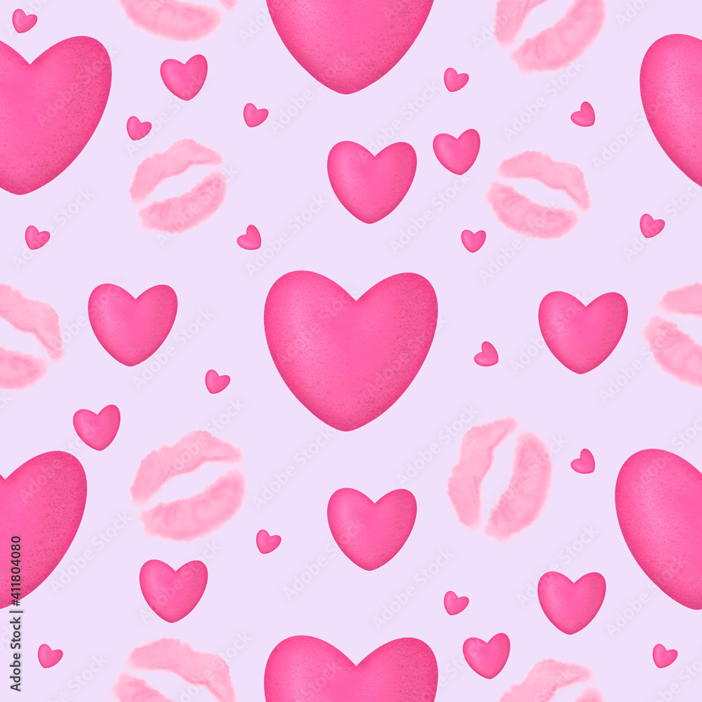 Hearts and lip prints seamless pattern. Hand drawn Valentines Day digital paper, seamless patterns isolated on pink background. Love, romantic concept. Design for wrapping, gift paper, backgrounds.