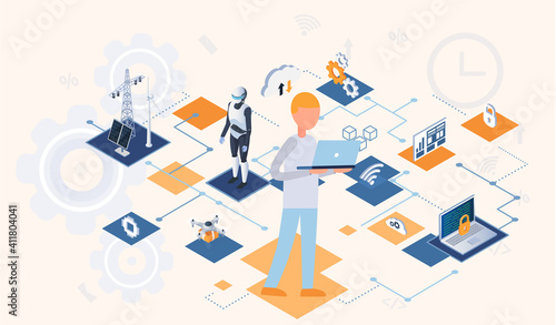 Digital circuit data line, internet of things computerized data storage and protection management. Male engineer controls equipment using digital devices, industrial technologies 4ir revolution AI IoT