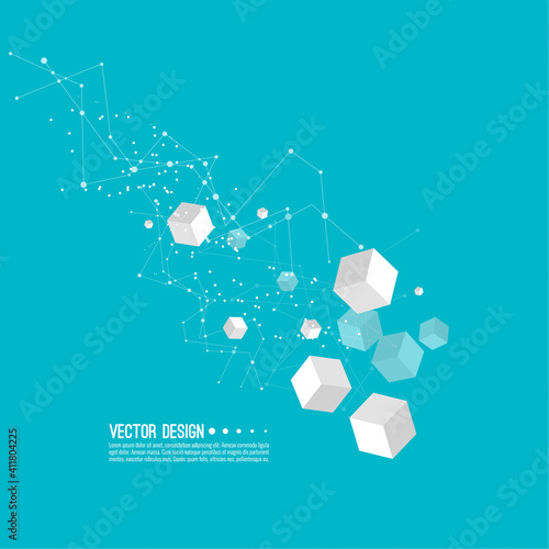Abstract background with transparent cubes and and communication particles. Vector techno illustration. Data and research technology concept