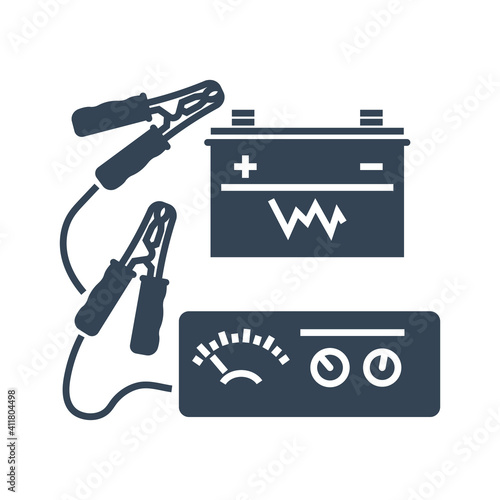 Vector black icon charging car battery, jumper power cables