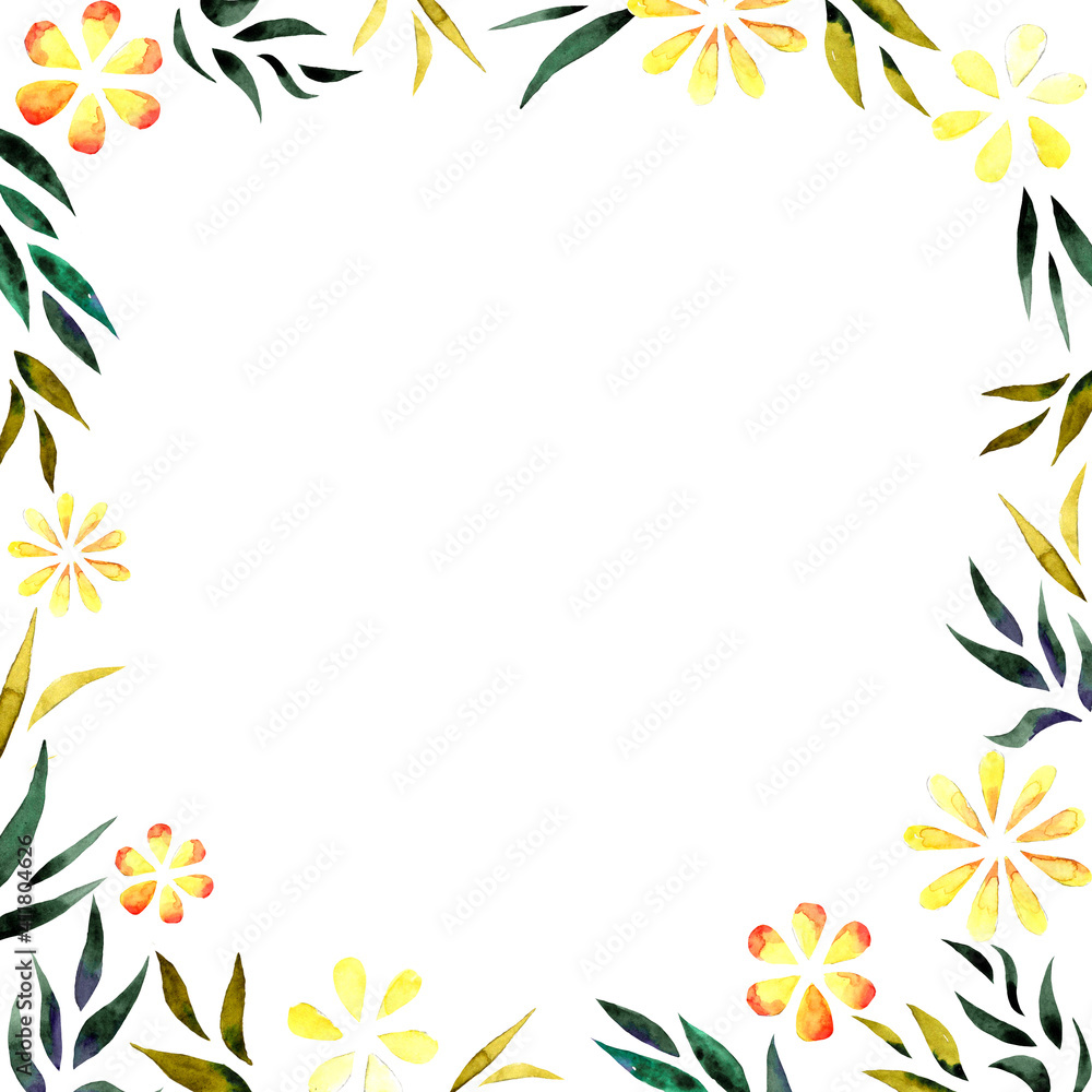 Watercolor illustration of yellow flowers and green leaves. Frame for decoration. Free space for text Watercolor illustration of yellow flowers and green leaves. Frame for decoration. Free space for text