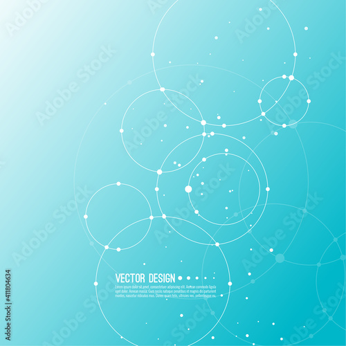 Vector abstract background with overlapping circles and dots. Chaotic motion. Round banner with empty space for text. Node molecule structure. Science and connection concept.