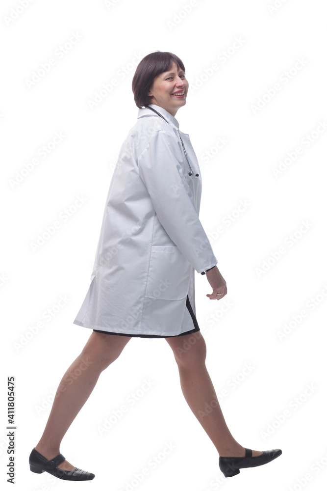 confident female paramedic striding forward. isolated on a white background. confident female paramedic striding forward. isolated on a white background.
