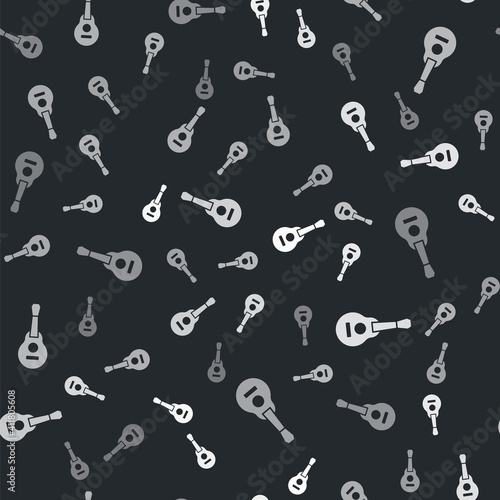 Grey Mexican guitar icon isolated seamless pattern on black background. Acoustic guitar. String musical instrument. Vector.