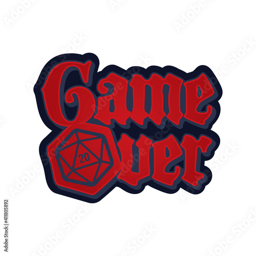 Vector inscription Game Over with 20 sided dice. Board games. Isolated on white background.