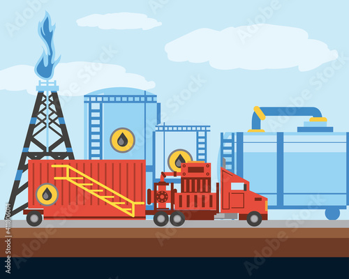 fracking tower oil and gas drilling industry truck and tanks