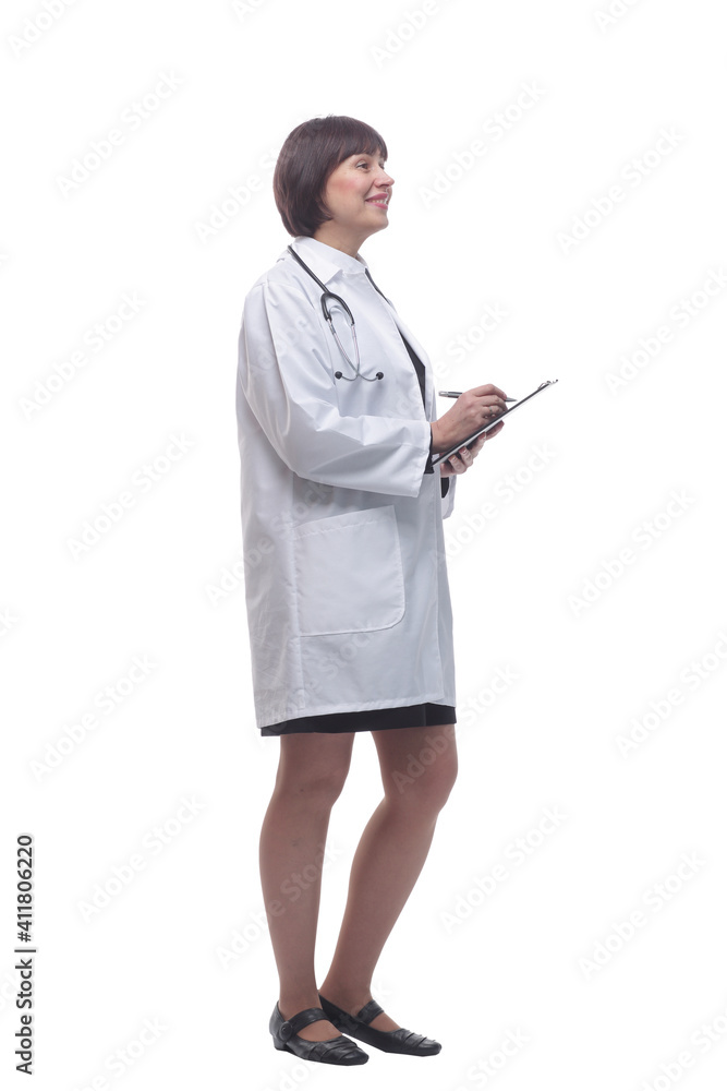 female medic making notes to the clipboard . isolated on a white background. female medic making notes to the clipboard . isolated on a white background.