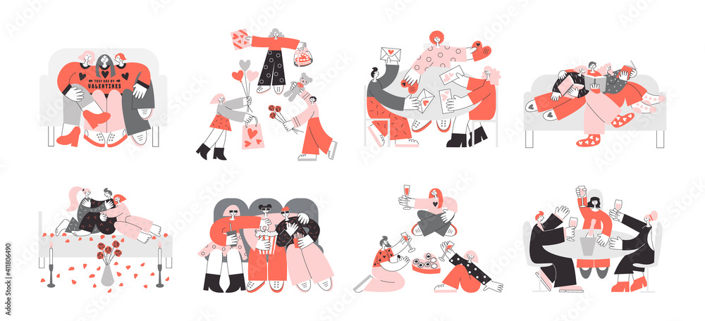 Polyamorous family celebrating Valentine's day. Polygamy and bisexuality concept. Happy non-monogamous open relationship. LGBT rights, happy pride vector flat illustration set.