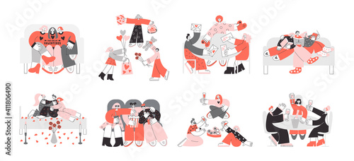 Polyamorous family celebrating Valentine's day. Polygamy and bisexuality concept. Happy non-monogamous open relationship. LGBT rights, happy pride vector flat illustration set.
