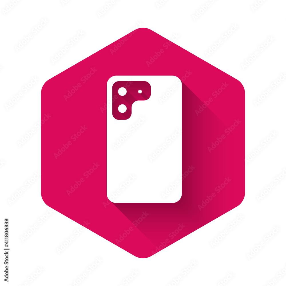 White Smartphone, mobile phone icon isolated with long shadow background. Pink hexagon button. Vector. White Smartphone, mobile phone icon isolated with long shadow background. Pink hexagon button. Vector.