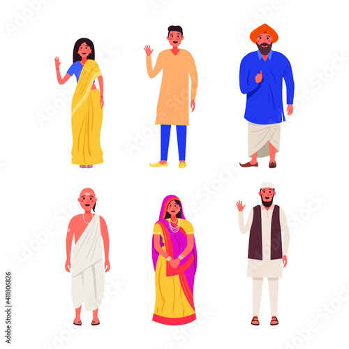 Indian people illustration set. Indian people standing in different traditional clothes. 
