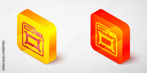 Isometric line Canister for motor machine oil icon isolated on grey background. Oil gallon. Oil change service and repair. Engine oil sign. Yellow and orange square button. Vector.