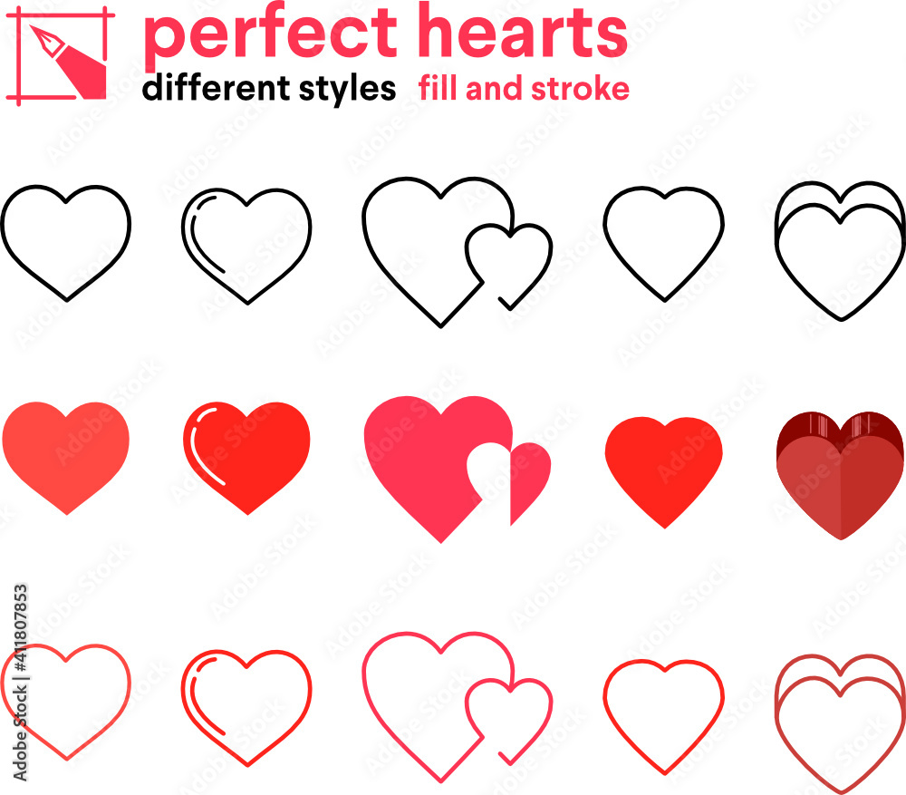 Valentine hearts icons different graphic styles. Set of flat modern vector graphics 