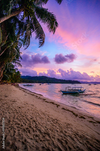 Port Barton Beach at sunset on paradise island, tropical travel destination - Port Barton, San Vicente, Palawan, Philippines.