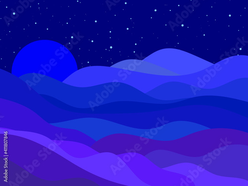 Night wavy landscape in a minimalist style. Boho typographic decor for prints, posters and interior designs. Mid-century modern decor. Vector illustration © andyvi