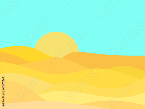 Desert landscape with dunes in a minimalist style. Red sun flat design. Boho decor for prints, posters and interior design. Mid Century modern decor. Vector illustration © andyvi