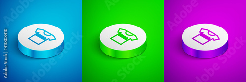 Isometric line T-shirt with fight club MMA icon isolated on blue,green and purple background. Mixed martial arts. White circle button. Vector.