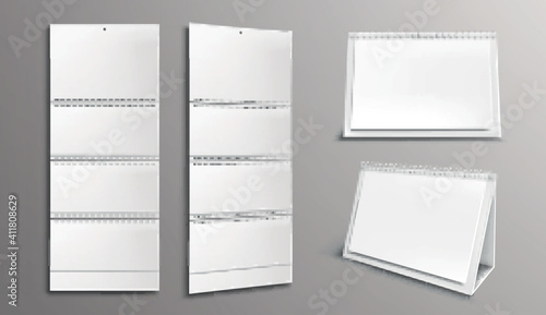 Calendar mockup with blank pages and binder. Desktop and wall paper calender front and side view. Agenda, almanac template isolated on grey background. Realistic 3d vector illustration, mock up, set