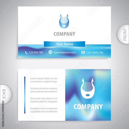 Business card template. Harp music instrument icon. Symbol for the music industry. Lessons in playing music and listening.