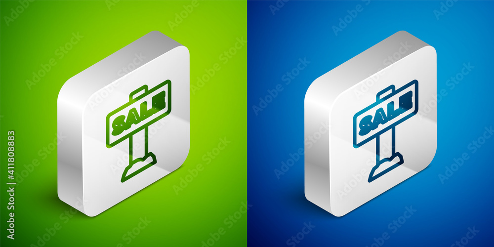 Isometric line Hanging sign with text Sale icon isolated on green and blue background. Signboard with text Sale. Silver square button. Vector. Isometric line Hanging sign with text Sale icon isolated on green and blue background. Signboard with text Sale. Silver square button. Vector.