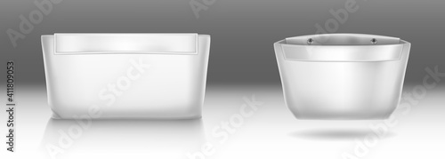 White cosmetic bag with snap button closure for makeup and beauty tools. Vector realistic mockup of blank leather pouch for toiletry, soap and body care products, open and closed beautician