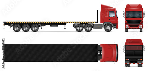 Flatbed trailer truck vector mockup on white for vehicle branding, corporate identity. View from side, front, back, top. All elements in the groups on separate layers for easy editing and recolor