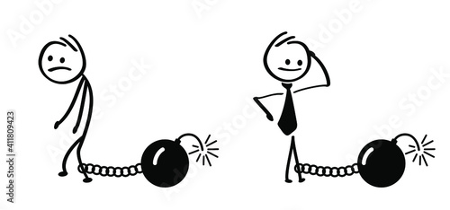 Business strategy, stick figures man, woman with chain ball. Vector drawing cartoon stickman. Emoji icons. Don't let anything slow you down. tethered and strained by stress, worry, anxiety. Deadline