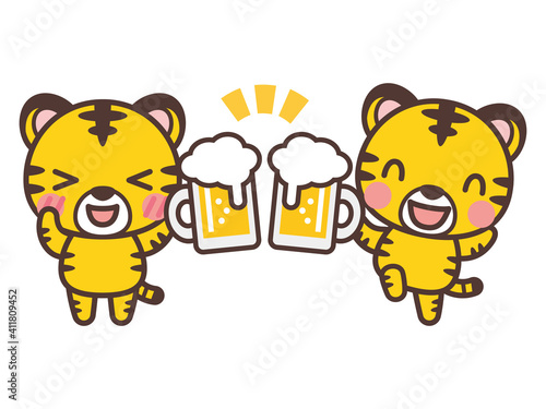 ビールで乾杯するかわいいトラのキャラクター