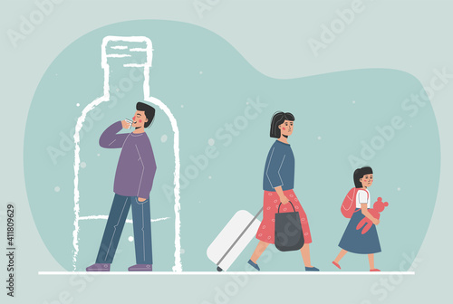 The parent is an alcoholic, the wife and child leave the drinking husband. The problem of addiction in the family. Leaving the dependent as salvation.