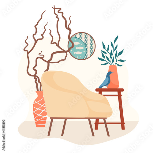 Scandinavian interior design with retro style armchair, side table, houseplant, round picture, bird figurine and beautiful twigs in a floor standing vase, flat vector illustration on white background