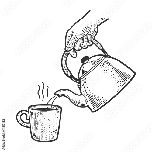 tea is poured from the kettle sketch engraving vector illustration. T-shirt apparel print design. Scratch board imitation. Black and white hand drawn image.