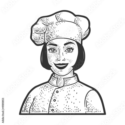 chef girl in chef hat toque sketch engraving vector illustration. T-shirt apparel print design. Scratch board imitation. Black and white hand drawn image.
