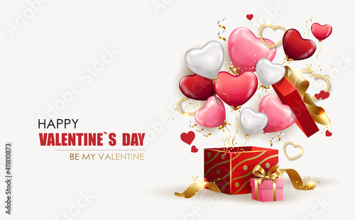 Happy Valentine's Day background with open gift box from which heart shaped balloons fly out. Holiday flyer and brochure design. Sale banner template, festive poster. Vector illustration