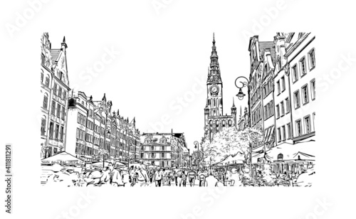 Building view with landmark of Poland is the
country in Europe. Hand drawn sketch illustration in vector.