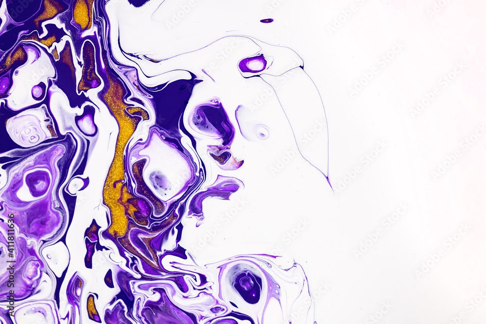 Fototapeta premium Fluid art texture. Background with abstract mixing paint effect. Liquid acrylic artwork with colorful mixed paints. Can be used for background or poster. Violet, white and golden overflowing colors