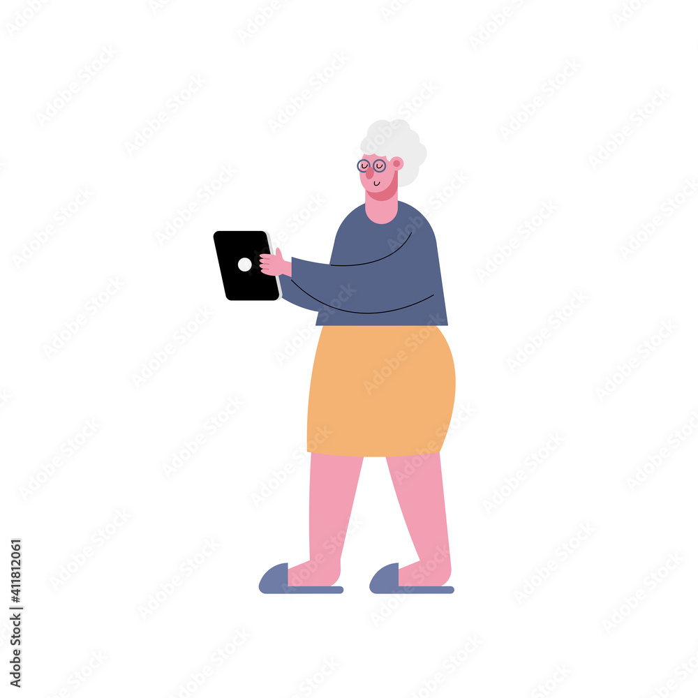 old woman using tablet technology character