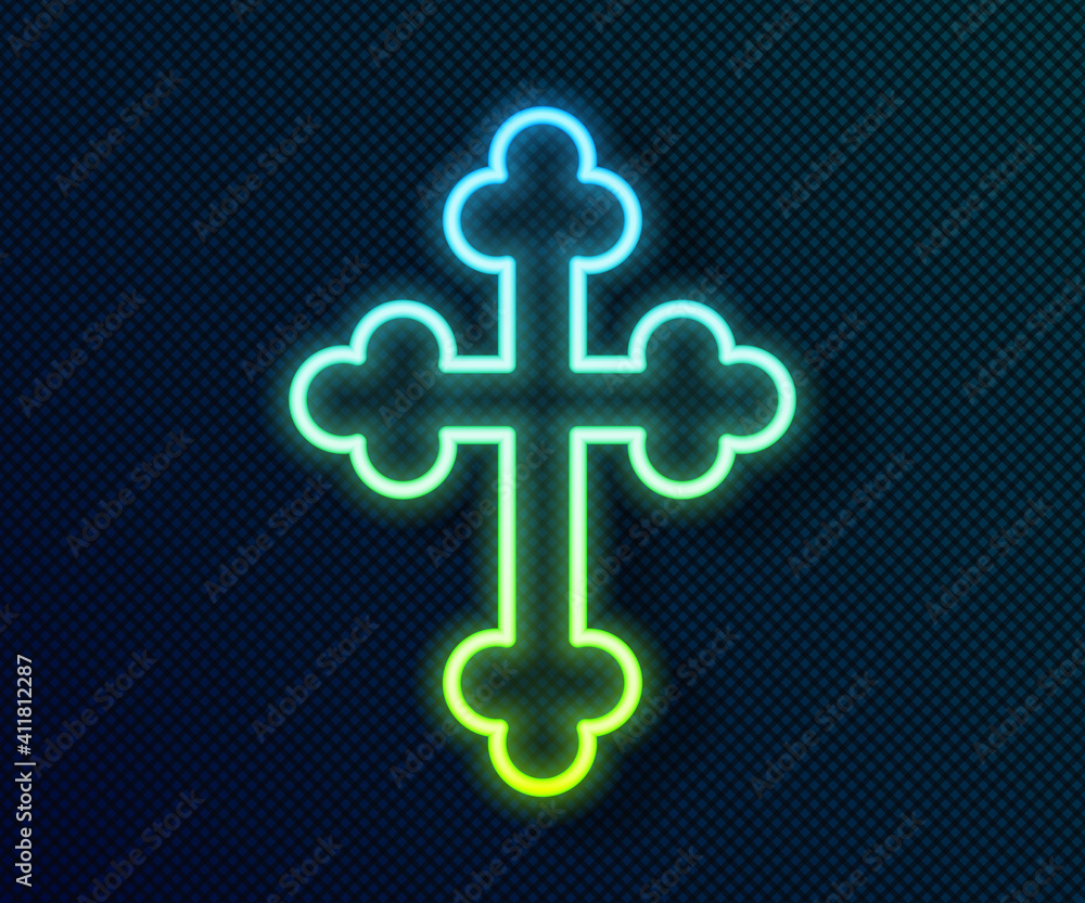 Obraz premium Glowing neon line Christian cross icon isolated on black background. Church cross. Vector.