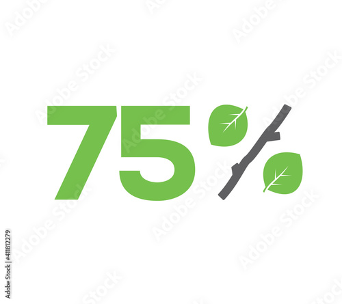 Vector green 75% text designed with leaves and a stick (branch) percent icon isolated on white background. For spring sale campaigns. 