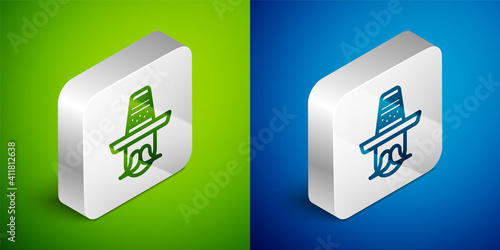 Isometric line Mexican man wearing sombrero icon isolated on green and blue background. Hispanic man with a mustache. Silver square button. Vector.