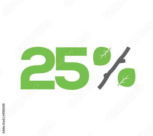 Vector green 25% text designed with leaves and a stick (branch) percent icon isolated on white background. For spring sale campaigns. 