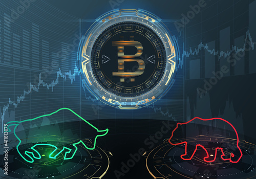 Bull and bear silhouettes and bitcoin symbol.