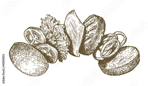 Burger ingredients. Vector vintage engraving illustration for menu
