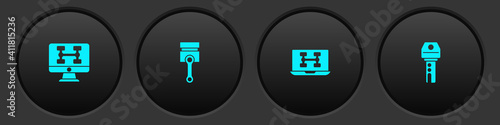 Set Diagnostics condition of car, Engine piston, and Car key with remote icon. Vector.