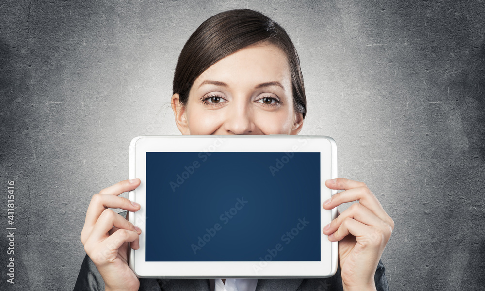 Businesswoman holding tablet computer layout Businesswoman holding tablet computer layout