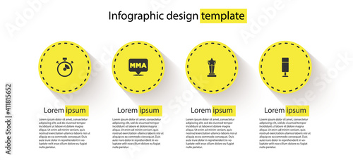 Set Stopwatch, Fight club MMA, Award cup and Punching bag. Business infographic template. Vector.