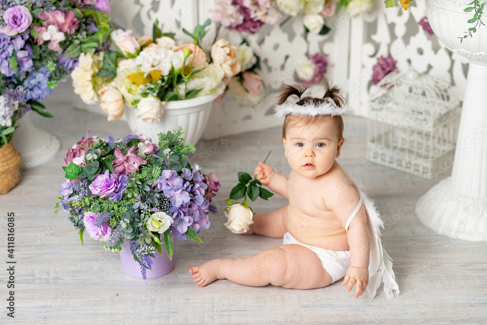 baby with angel wings among flowers, valentine's day concept, baby with angel wings among flowers, valentine's day concept,