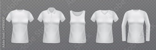 White women t-shirts. Realistic female clothes mockups, different types of blouses, collar options, long and short sleeves. Empty textile front view for marketing branding vector set