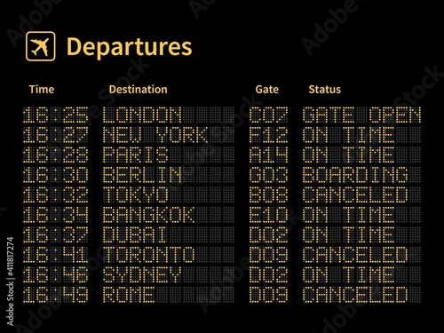 Airport led board. Aircrafts departures and terminal number gate timetable information, light yellow dot letters and numbers on black panel. Flight schedule on dashboard vector concept