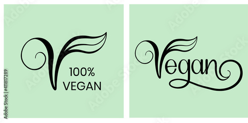 Vegan vector icon. Organic, bio, eco symbol. Vegan, no meat, lactose free, healthy, fresh and nonviolent food. Green vector illustration with leaves for stickers, labels and logos
