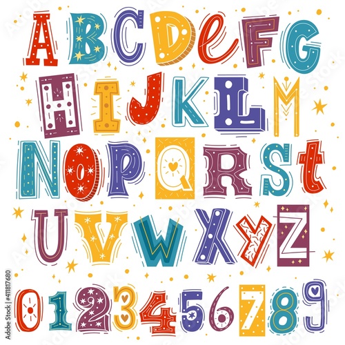 Funny kids font. Comic childish latin letters and arabic numbers, creative bright colorful english cute alphabet, cartoon multicolored typeface with hand drawn elements vector isolated set